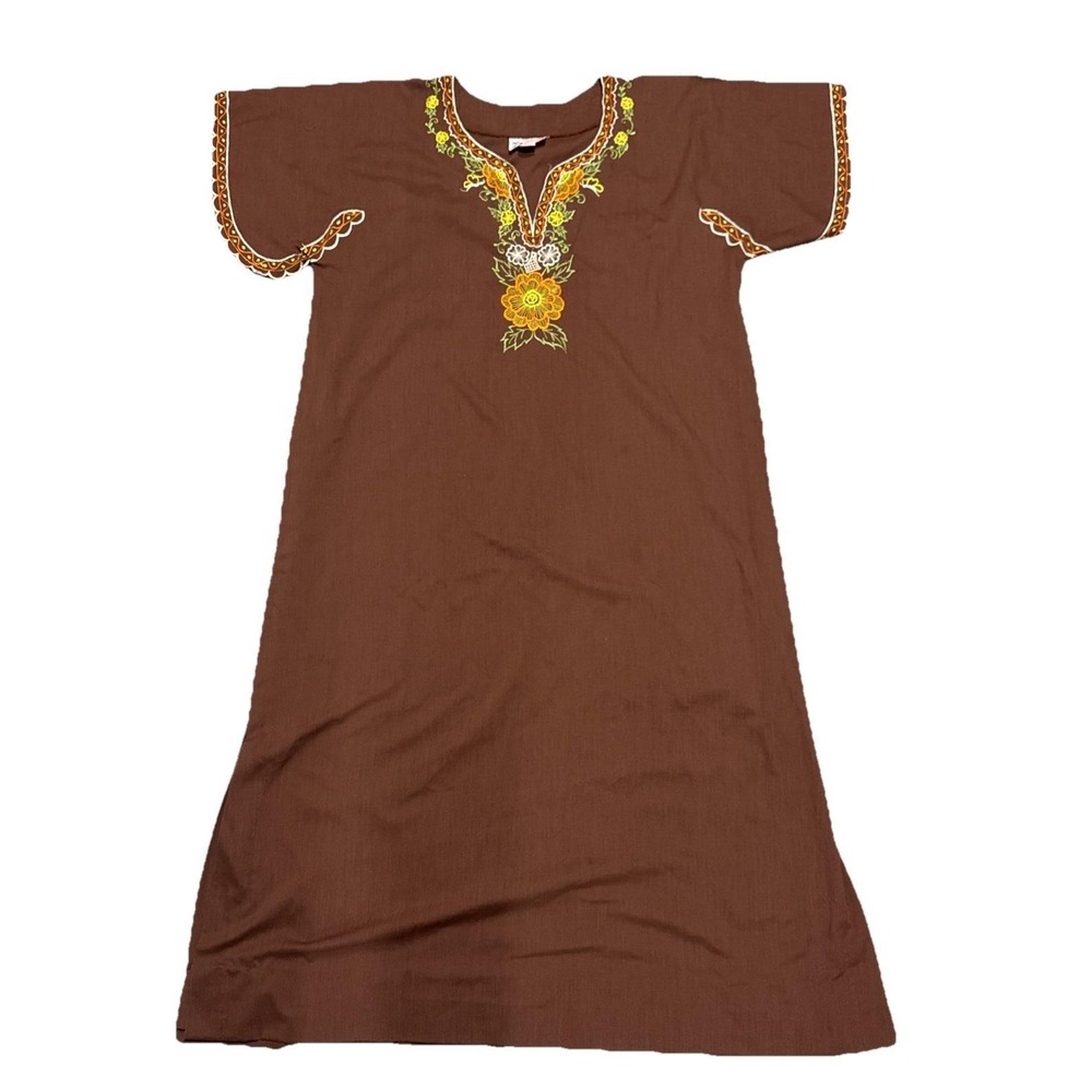 Mystical Fashions Brown Floral Embroidered Kaftan Maxi Dress Womens Sz L Lounger